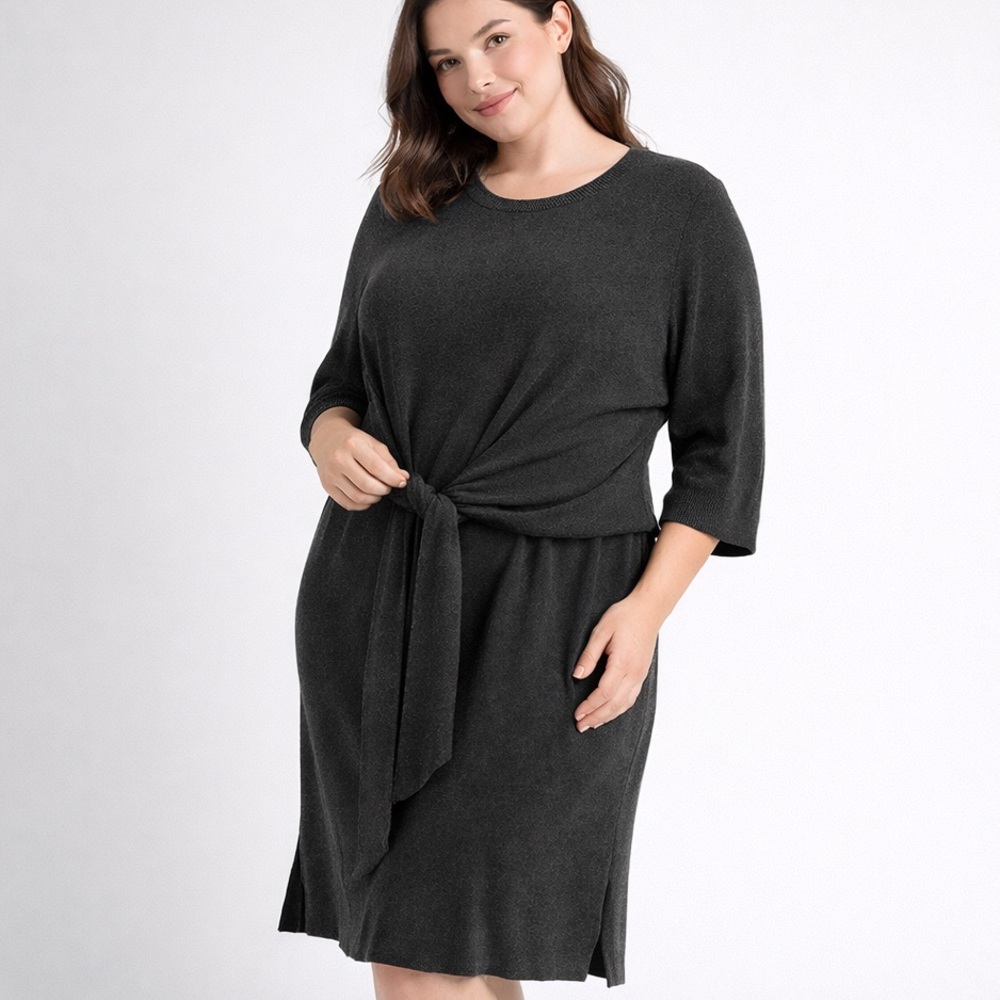 Lane Bryant Charcoal Grey Knit Mock-Layer Tie-Front Dress 14/16 NWOT